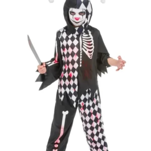 Déguisement d'arlequin ensanglanté pour garçon noir et blanc avec motifs squelette