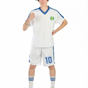 Déguisement de capitaine de football pour homme blanc et bleu avec numéro 10