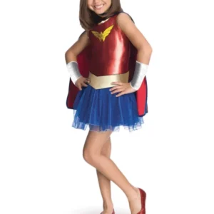 Déguisement luxe Wonder Woman Comic Book pour enfant rouge doré et bleu avec tutu et cape