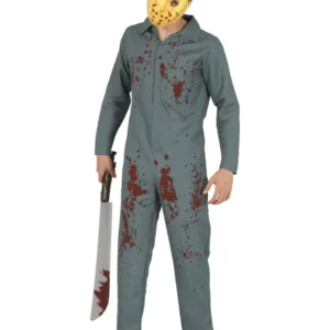 Déguisement combinaison tueur fou pour homme gris ensanglanté avec masque de hockey jaune