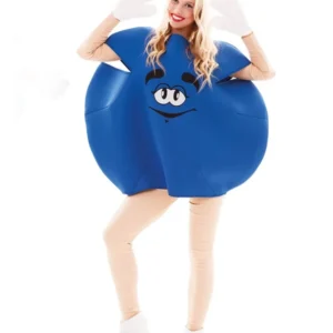 Vue de face du déguisement de bonbon pour adulte bleu