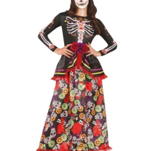 Déguisement Dia de los muertos pour femme coloré à motifs squelette et fleurs
