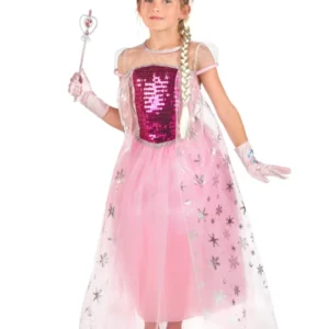 Déguisement et accessoires de princesse pour fille rose avec bustier à sequins et voile à flocons