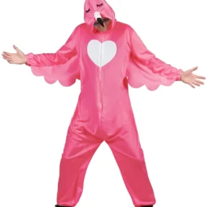 Déguisement flamant rose pour adulte rose avec cœur blanc et capuche