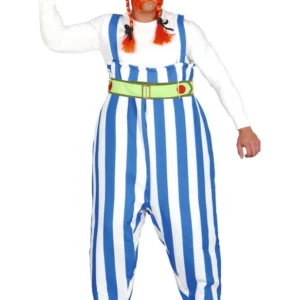 Déguisement de gros gaulois pour homme rayé bleu et blanc avec ceinture verte