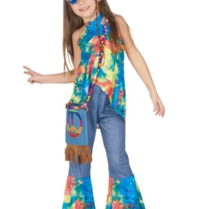 Déguisement hippie pour fille multicolore avec pantalon pattes d'eph bleu