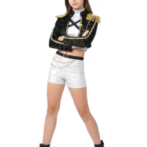 Déguisement de star de K-pop pour adolescente noir et argent iridescent avec épaulettes dorées