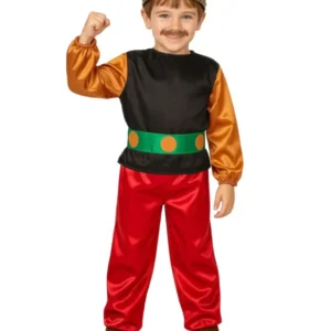 Déguisement petit gaulois pour enfant avec pantalon rouge et casque à cornes