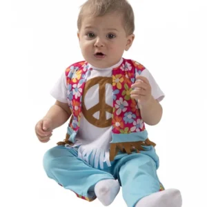 Déguisement hippie pour bébé avec gilet à fleurs et pantalon bleu
