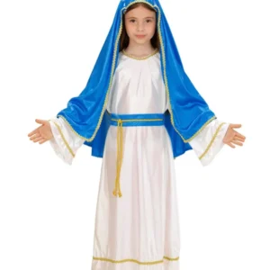 Déguisement de petite Marie pour fille blanc et bleu avec voile et auréole