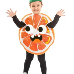 Déguisement de petite orange pour enfant orange avec visage rigolo et chapeau vert