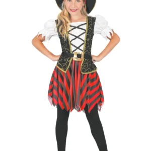Déguisement de pirate pour fille noir et rouge avec chapeau