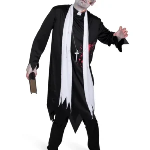 Déguisement prêtre zombifié pour homme noir et blanc ensanglanté avec croix