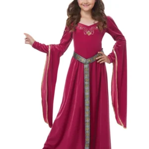 Déguisement de princesse médiévale pour fille rose en velours avec couronne dorée