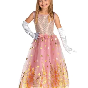 Déguisement de princesse pour fille rose gold avec couronne et gants blancs