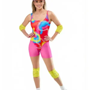 Déguisement roller Barbie™ pour femme rose et multicolore avec protections jaunes et visière