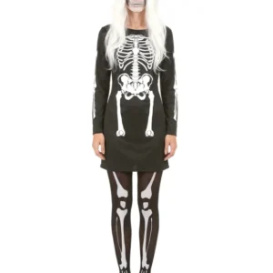 Déguisement squelette pour femme noir et blanc avec robe et collants