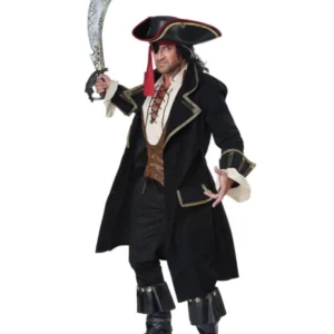 Déguisement de pirate Deluxe pour homme noir avec manteau long et chapeau tricorne