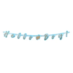 Guirlande de lettres en carton Hello Boy pour baby shower bleu et or