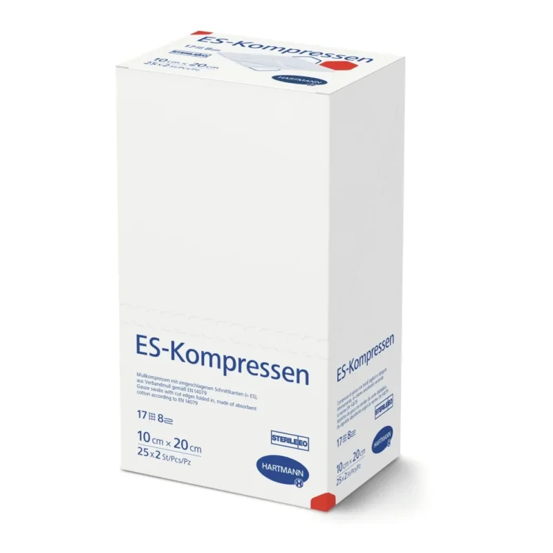 Steriles Mullkompressen-Paket der Marke Hartmann. Es enthält 10 Kompressen mit den Maßen 10 x 20 cm. Jede Kompresse ist 17-fädig und hat eine 8-fache Struktur, die für hohe Saugfähigkeit und Weichheit sorgt. Die Verpackung ist weiß mit blauen und grünen Akzenten, die den Produktnamen und die Eigenschaften klar hervorheben. Das Bild zeigt die Kompressen in einer gefalteten Form, bereit zur Verwendung, ideal für die sterile Wundversorgung und medizinische Anwendungen.
