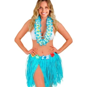 Hawaiirokje Lichtblauw Met Bloemenriem 40cm van Widmann koop je bij Partywinkel