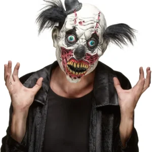 Masque latex clown sanglant Halloween pour adulte blanc et rouge avec cheveux noirs