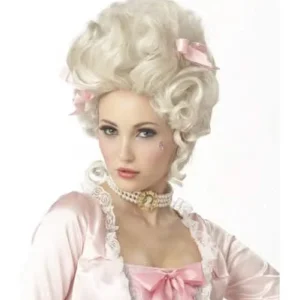 Perruque Marie Antoinette pour femme blonde platine avec nœuds roses