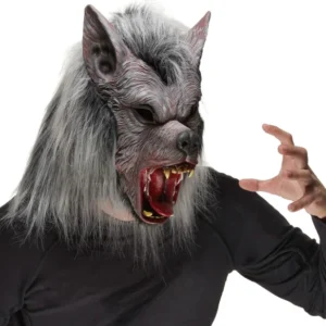 Masque de loup-garou pour adulte gris en latex avec gueule ouverte et dents apparentes