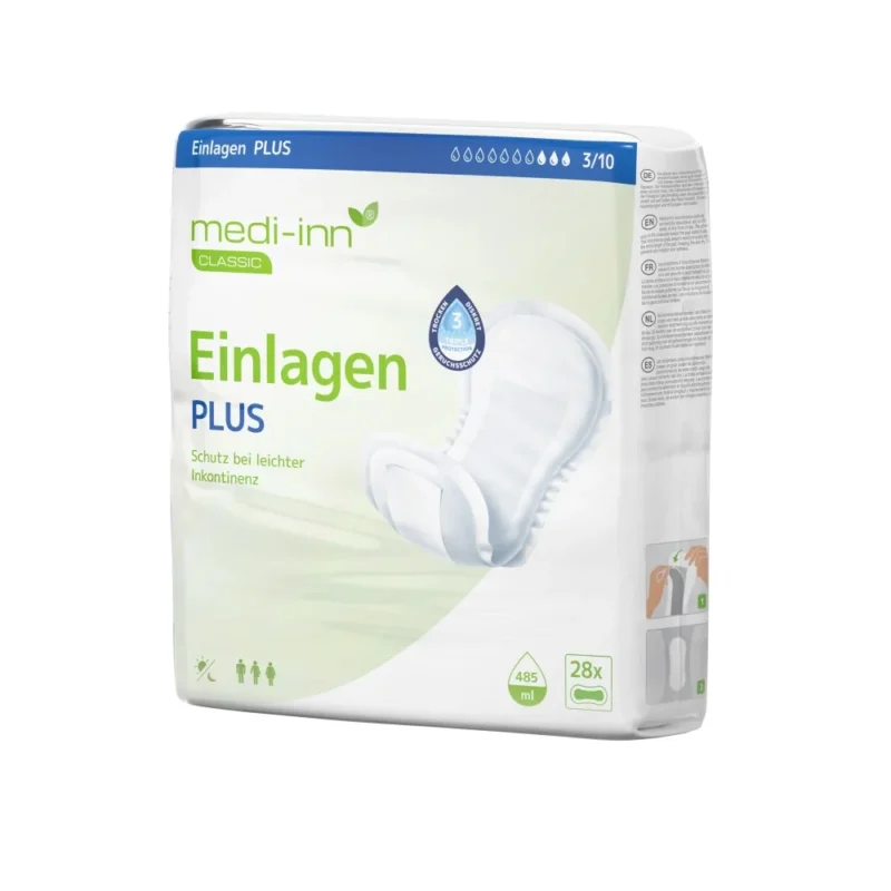 Verpackung der "medi-inn CLASSIC Einlagen PLUS" für leichte Inkontinenz. Enthält 28 Einlagen mit einer Saugkraft von 485 ml. Die Verpackung ist überwiegend weiß und grün gestaltet, mit einem Bild einer Einlage und Symbolen für die Zielgruppe.