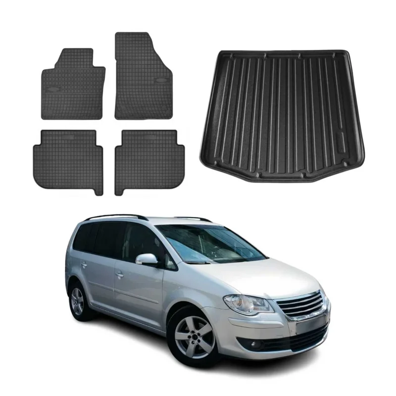 Fußmatten & Kofferraumwanne Set für VW Touran 2003-2010 Gummi TPE Schwarz 5x