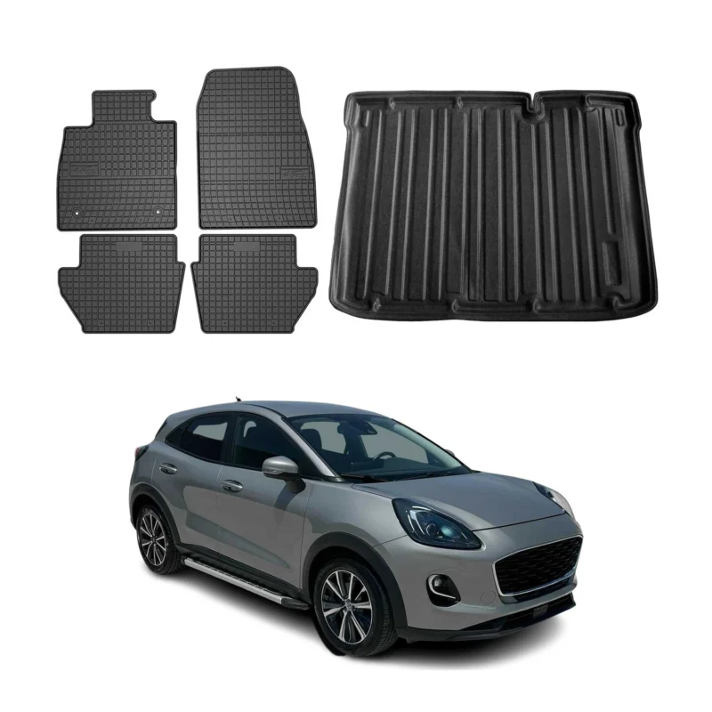 Fußmatten & Kofferraumwanne Set für Ford Puma Untere 2019-2026 Gummi Schwarz 5x