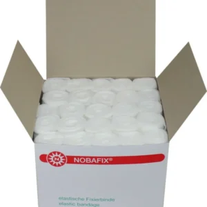 Bild zeigt eine Verpackung von 600 elastischen Fixierbinden der Marke Noba. Die Binden sind in einer robusten Kartonbox präsentiert, die in Gelb und Schwarz gehalten ist. Auf der Vorderseite sind die Produktinformationen, einschließlich der Größe von 8 cm x 4 m, deutlich abgebildet. Die Binden sind für den Einsatz im Krankenhaus vorgesehen und bieten eine hohe Flexibilität.