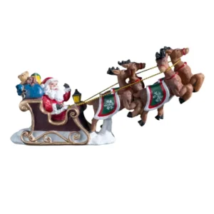 Père Noël sur son traineau de Noël en polyrésine multicolore avec rennes