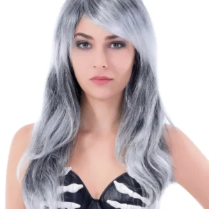Perruque longue ondulée pour femme grise