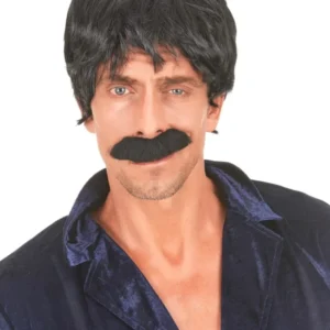 Perruque de chanteur disco pour homme noire avec moustache
