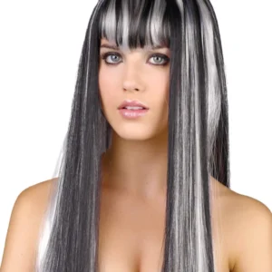 Perruque longue noire et blanche pour femme lisse avec frange