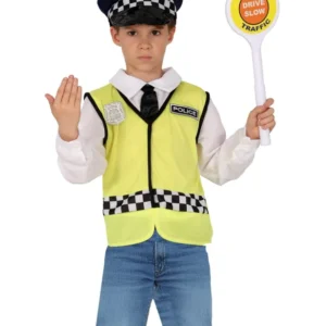 Set de policier anglais pour enfant jaune fluo avec casquette et panneau de signalisation