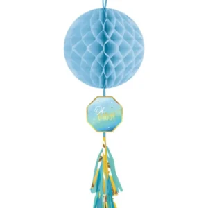 Suspension en papier alvéolé Oh Baby pour baby shower bleu et or avec tassel