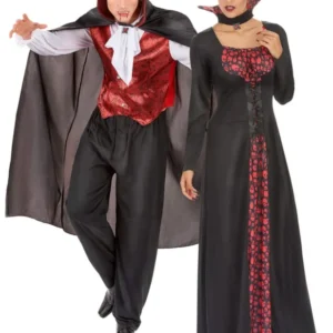 Klassisches Vampir-Paarkostüm für Halloween Erwachsenen-Kostüm schwarz-rot