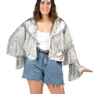 Veste à franges argentée pour femme scintillante